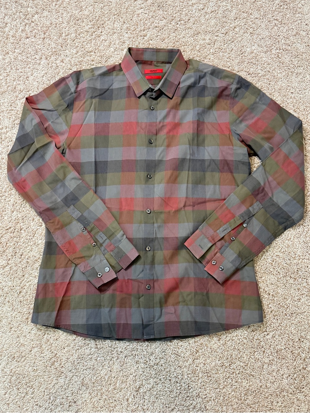HUGO Olive Green & Muted Red Plaid Button-Down Shirt Size L